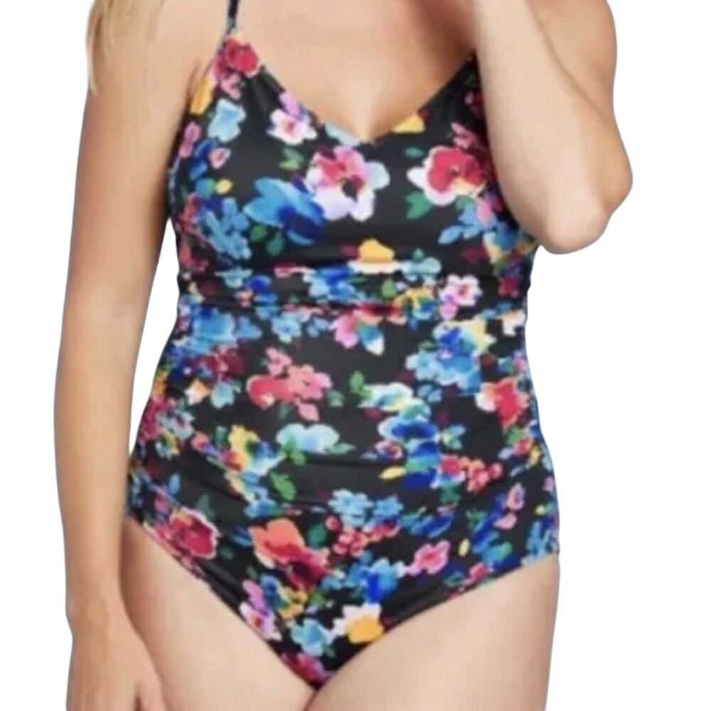 Aqua Green Black Floral One Piece Swimsuit XL Ring Back  UPF 50